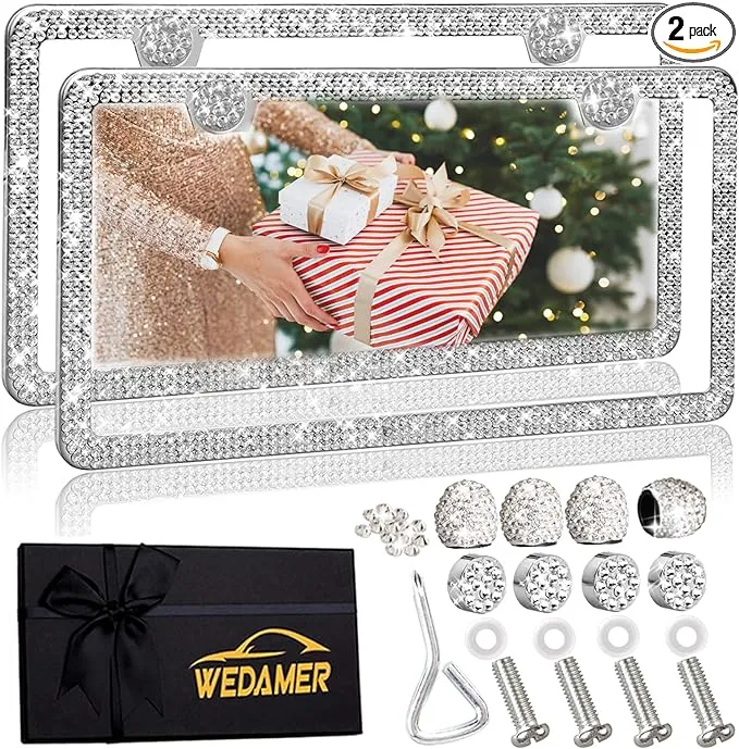 2 Pack Bling License Plate Frames for Women, Diamond License Plate Frame Rhinestone License Plate Frame Sparkly License Plate Frame Bling Glitter Bedazzled Licence Plate Frame Holder Cover