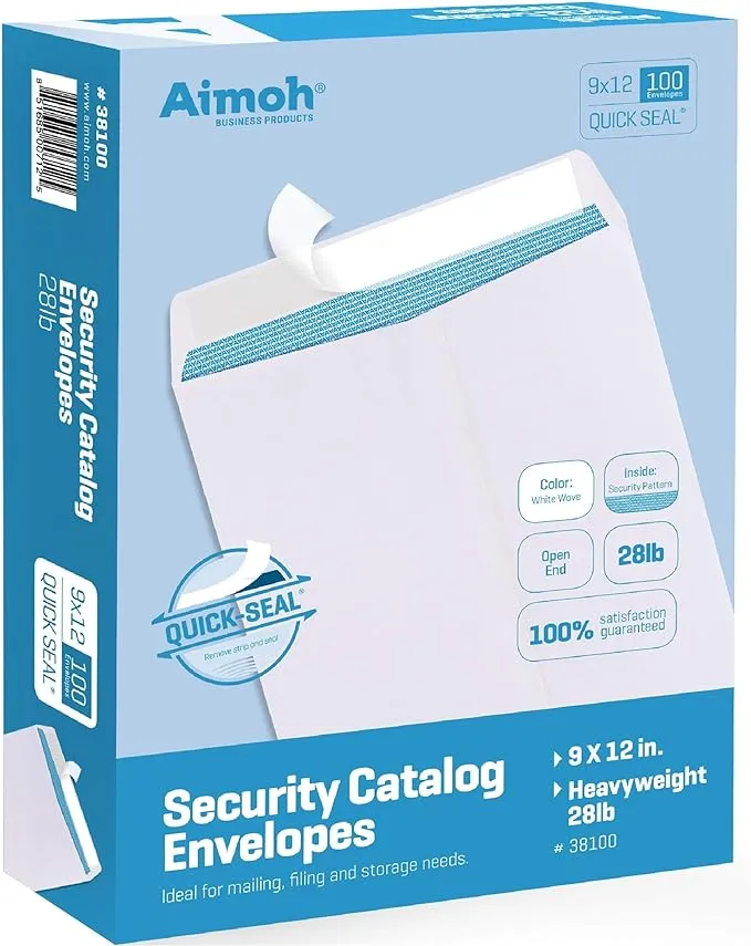 100 9 x 12 SELF Seal Security White Catalog Envelopes - 28lb - Security Tinted, Ultra Strong Quick-Seal, 9x12 inch (38100)