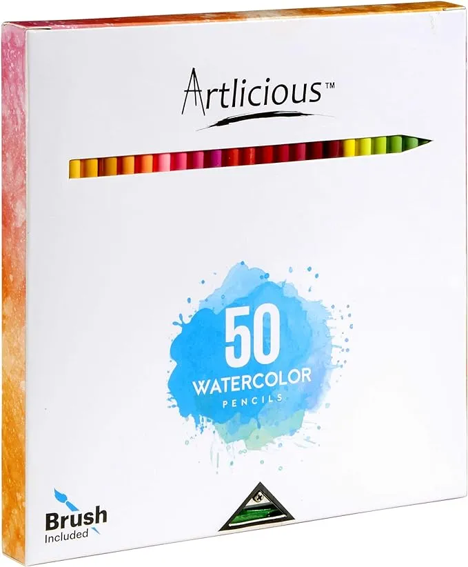 Artlicious - 50 Premium Distinct Watercolor Pencils for Adult Coloring Books - Bonus Sharpener - Color Names on Pencils