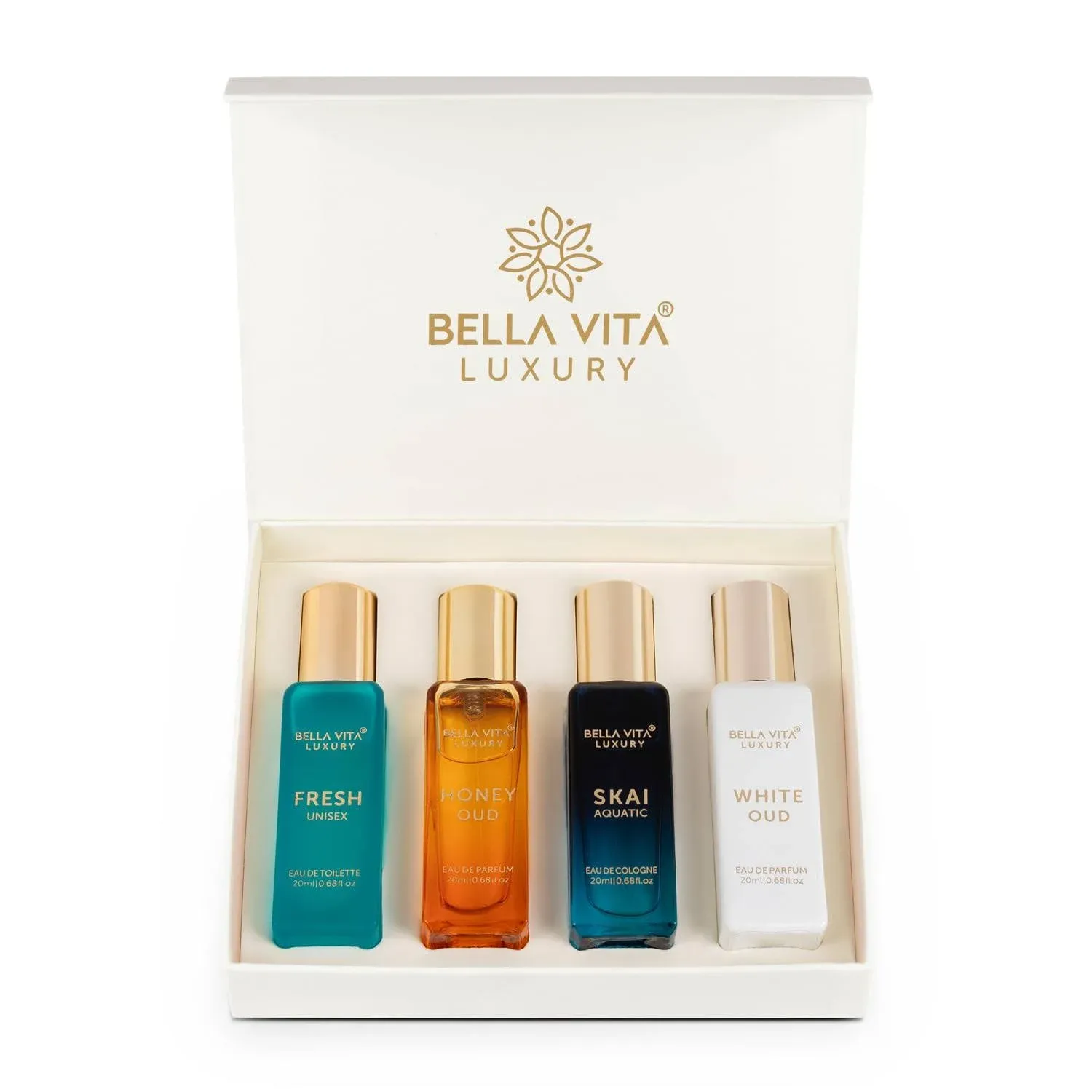 Bella Vita Organic Unisex Luxury Perfume Gift Set 4x20 ML for Men & Women | Long Lasting Fragrance Eau De Parfum | SKAI | FRESH | WHITEOUD | PATCHOULI