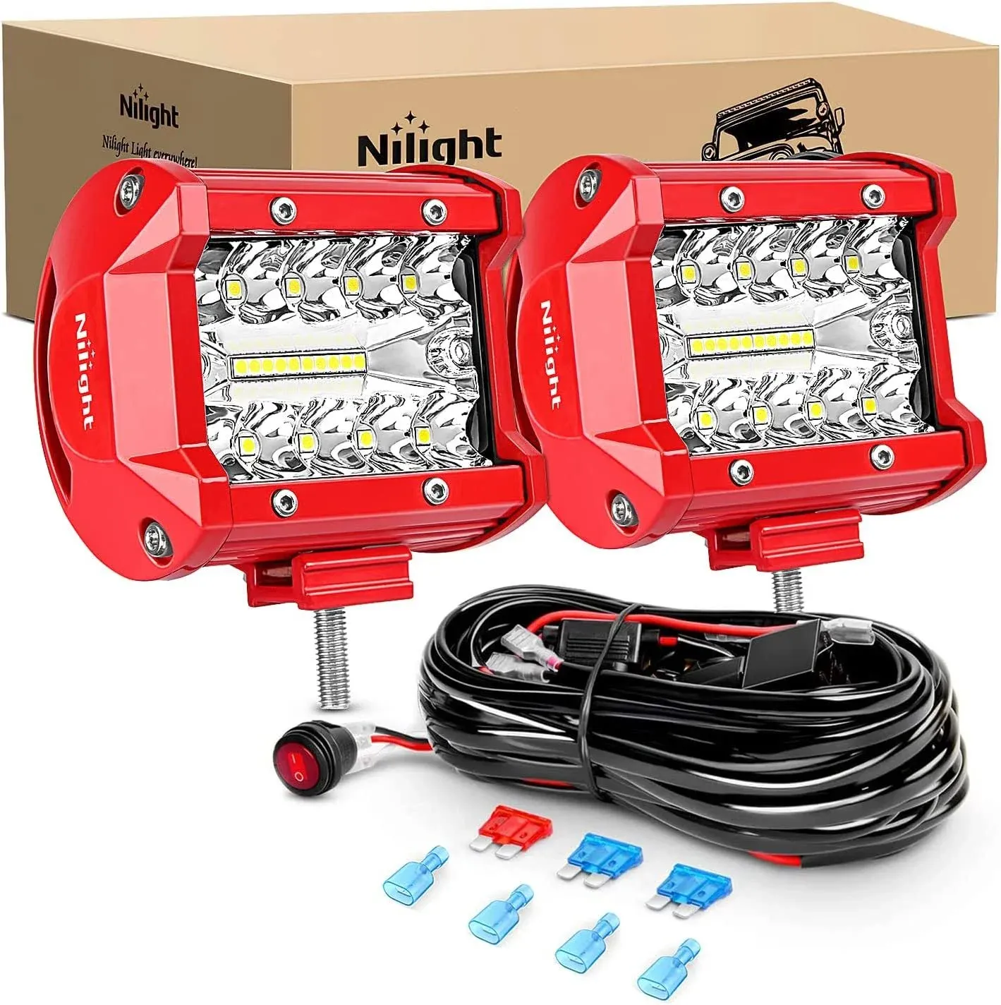 Nilight LED Light Bar 2PCS 60W 4Inch Triple Row Spot Flood Combo Lights w/Wiring