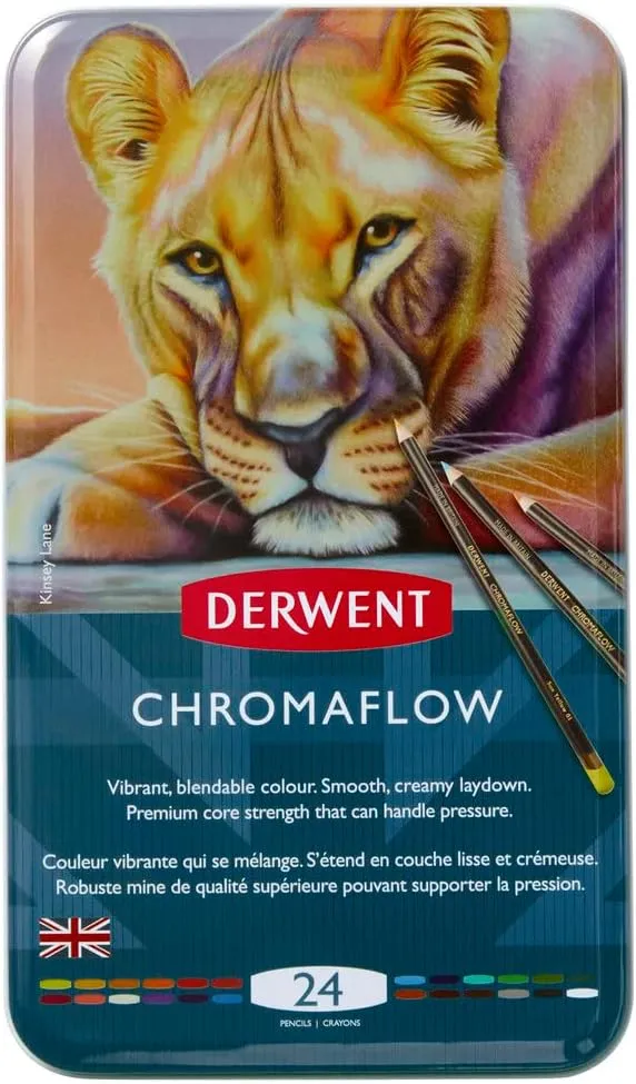 Derwent Chromaflow Colored Pencils Tin, Set of 24, Great for Holiday Gifts, 4mm Wide Core, Multicolor, Smooth Texture, Art Supplies for Drawing, Blending, Sketching, Professional Quality (2305857)