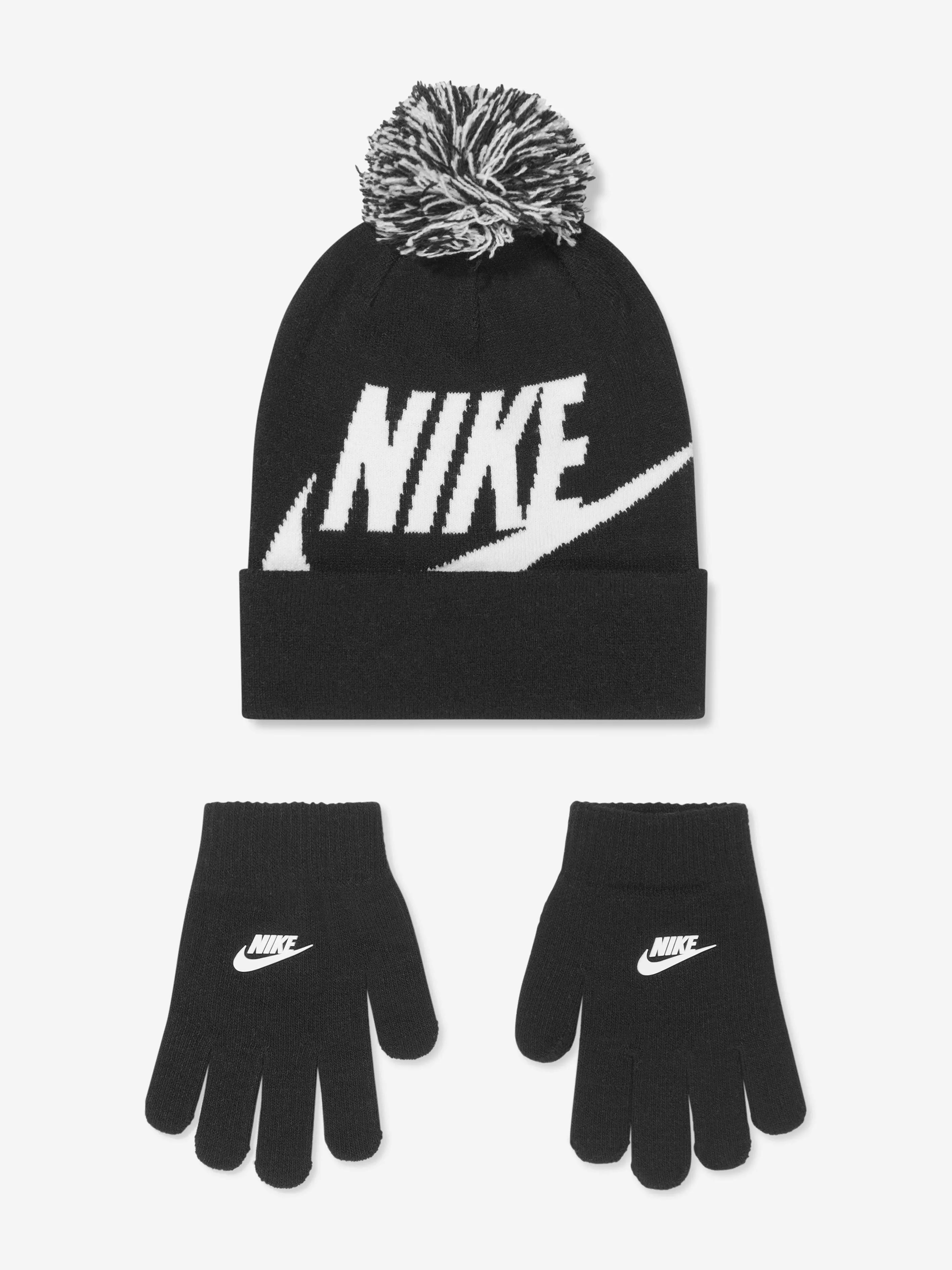 Nike Youth Swoosh Pom Beanie & Gloves Set in Black/White