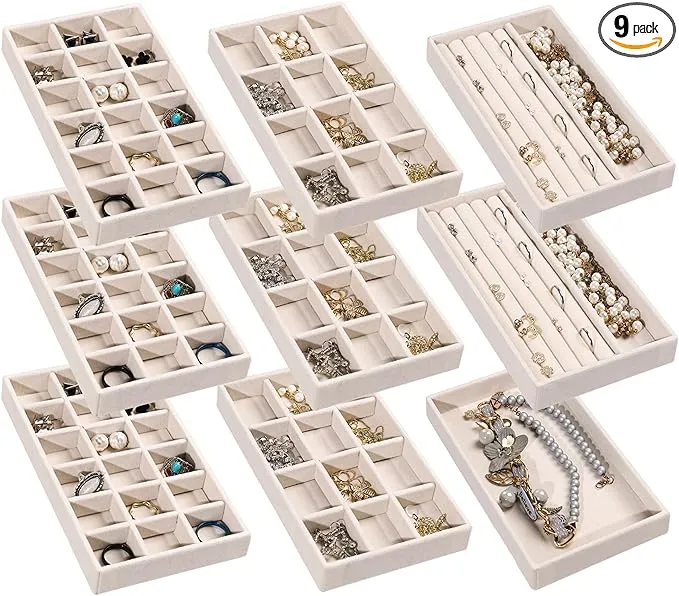 Frebeauty Jewelry Organizer Tray,Stackable Velvet Jewelry Trays,Drawer Inserts Earring Organizer For Women Girls Jewelry Storage Display Case for Rings Stud Necklaces,Set of 9(Beige)