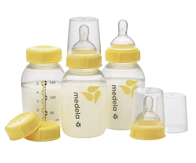 Medela Slow Flow Feeding & Storage Bottles, 3 Pack of 5 Ounce Bottle with Nipple, Lids, Wide Base Collars, and Travel Caps, Made Without BPA