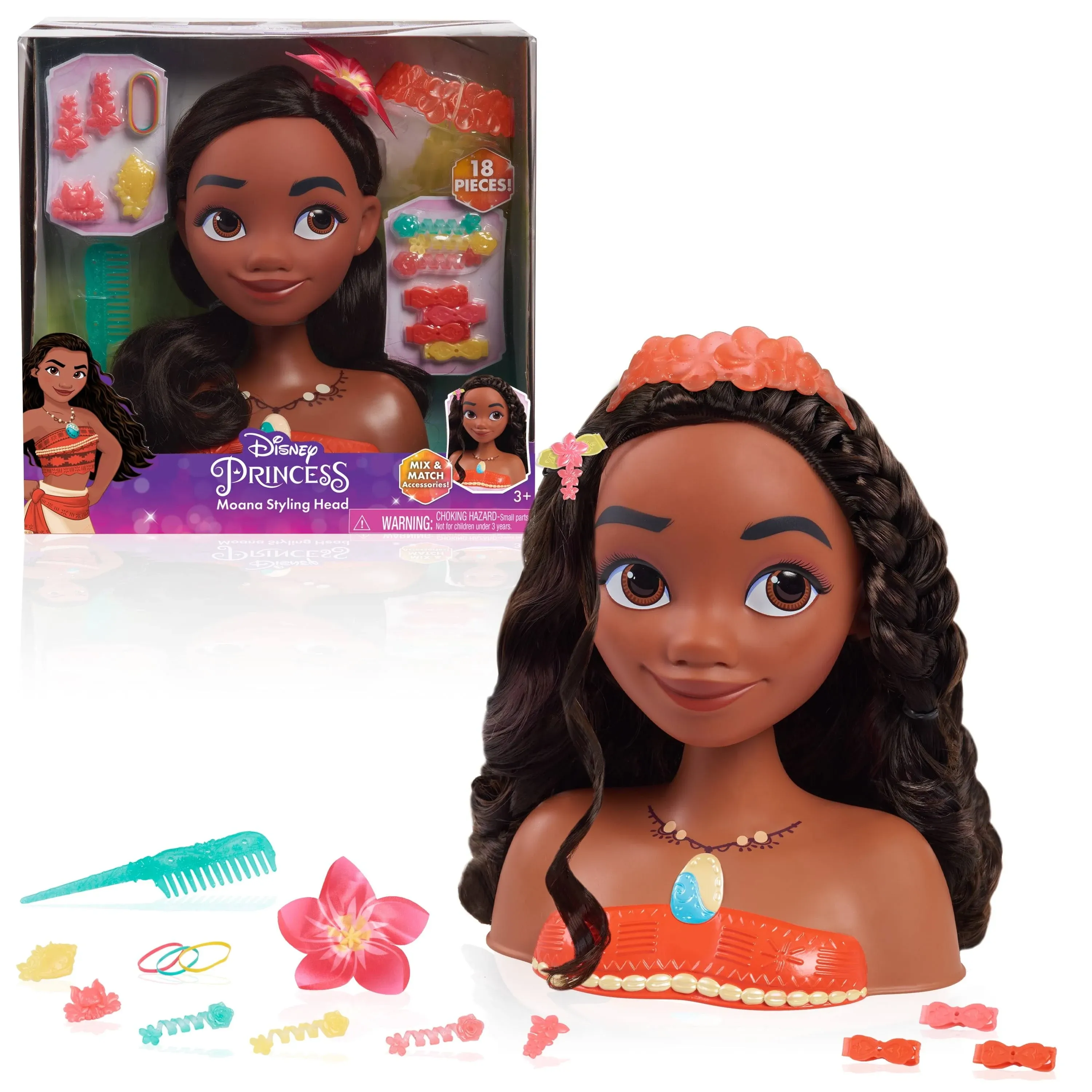 Disney Princess Moana Styling Head, 18-pieces, Pretend Play, Kids Toys for Ages 3 Up