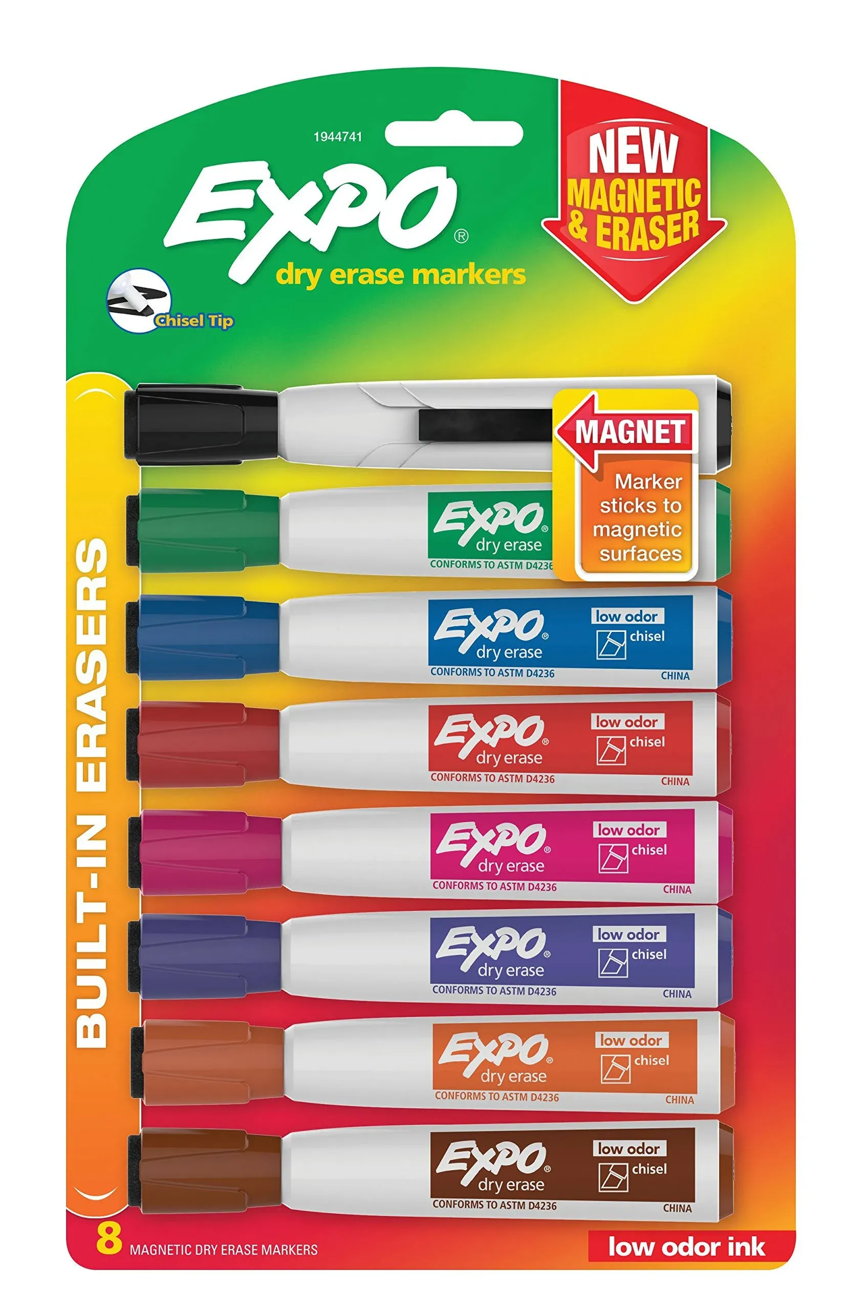 Magnetic Dry Erase Marker, Broad Chisel Tip, Assorted Colors, 8/pack