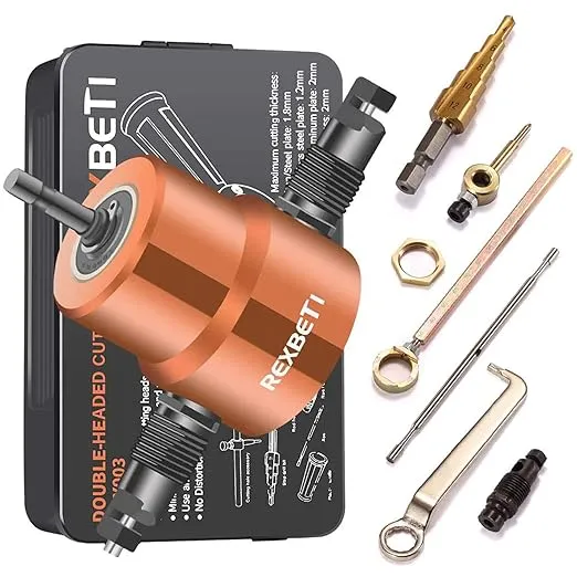 REXBETI Double Headed Sheet Metal Nibbler, Drill Attachment Metal Cutter with Extra Punch and Die, 1 Cutting Hole Accessory and 1 Step Drill Bit, Perfect for Straight Curve and Circle Cutting (Gold)REXBETI Double Headed Sheet Metal Nibbler, Drill Attachm