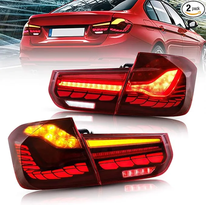 VLAND OLED Tail Lights Compatible with BMW 3-Series F30 F35 F80 Sedan 2013-2018(Not for 2015 328i F30) with Amber Sequential Turn Signals and Red 3D Dynamic Animation Lighting (Red Clear Styles)