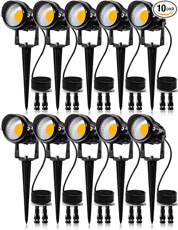 SUNVIE 12W Low Voltage LED Landscape Lights with Connectors, Outdoor 12V Super Warm White (900LM) Waterproof Garden Pathway Lights Wall Tree Flag Spotlights with Spike Stand (10 Pack with Connector)