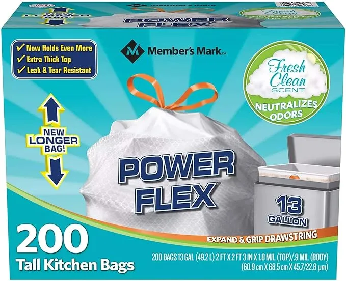 Members Mark 13 Gal Power Flex, Leak Protection, Tall Kitchen Simple Fit Drawstring Bags (1 Pack, Fresh Clean Scent), 1count