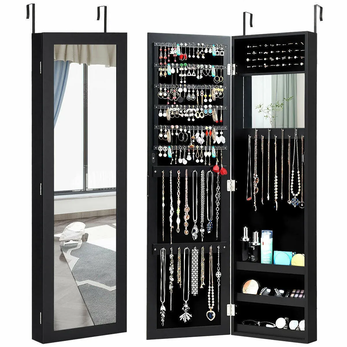 Full Length Mirror Jewelry Cabinet with Ring Slots and Necklace Hooks