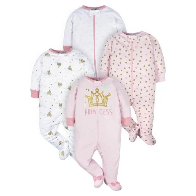 Gerber Baby-Girls 4 Pack Sleep 'N Play Footie, Castle, Newborn