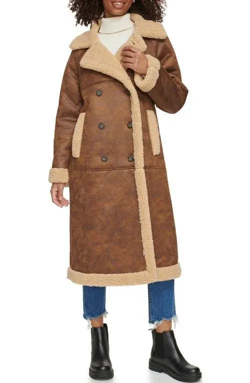 Levi's Notch Collar Faux Shearling Coat - Brown/sesame