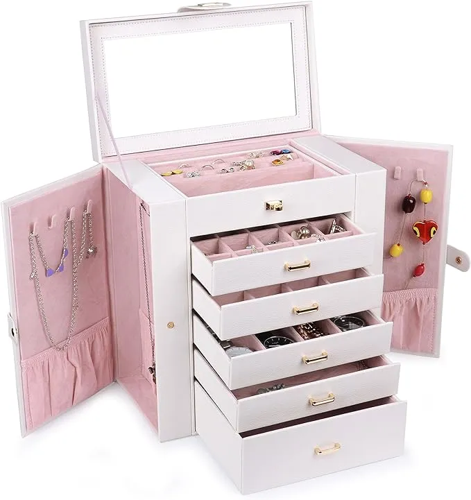 Kendal Huge Jewelry Box Jewelry Case with 6 Tier 5 Drawers Large Storage Capacity with Mirror Jewelry Storage Organizer Great Gift Also Good For Watches LJC-SHD5CM(White)