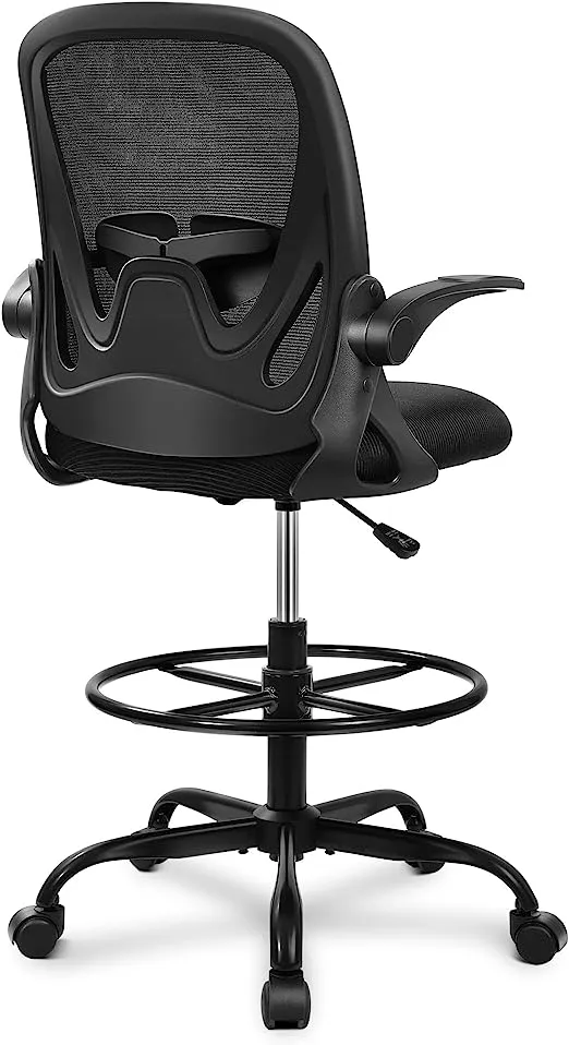 Primy Drafting Chair Tall Office Chair with Flip-up Armrests Executive Ergonomic Computer Standing Desk Chair with Lumbar Support and Adjustable Footrest Ring (Black)