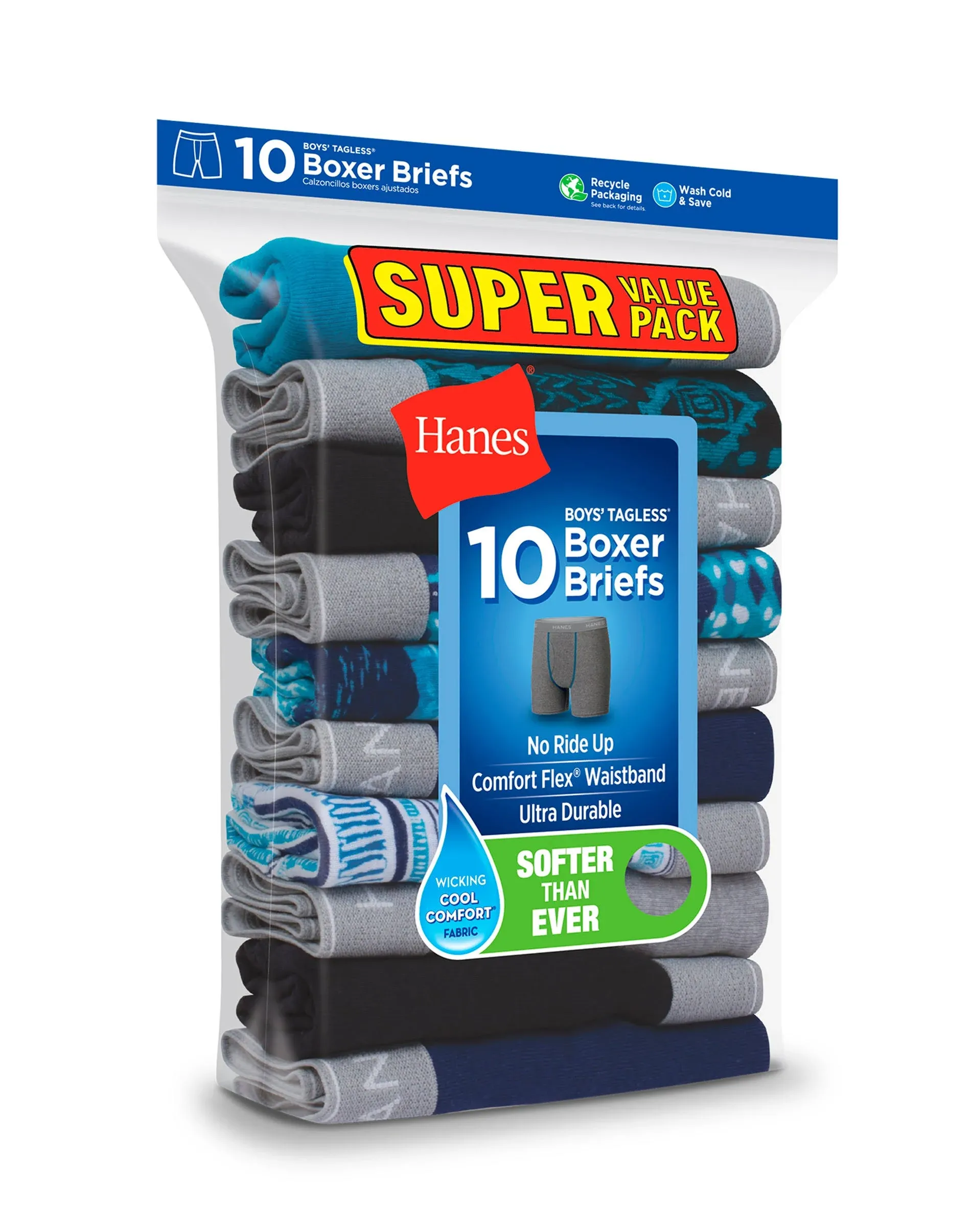 Hanes Comfort Flex Boys' Boxer Brief Super Value Pack, Prints/Solids, 10-Pack Assorted L