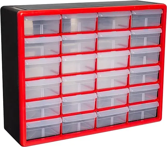 Akro-Mils 10124, 24 Drawer Plastic Parts Storage Hardware and Craft Cabinet, 20-Inch W x 6-Inch D x 16-Inch H, Red