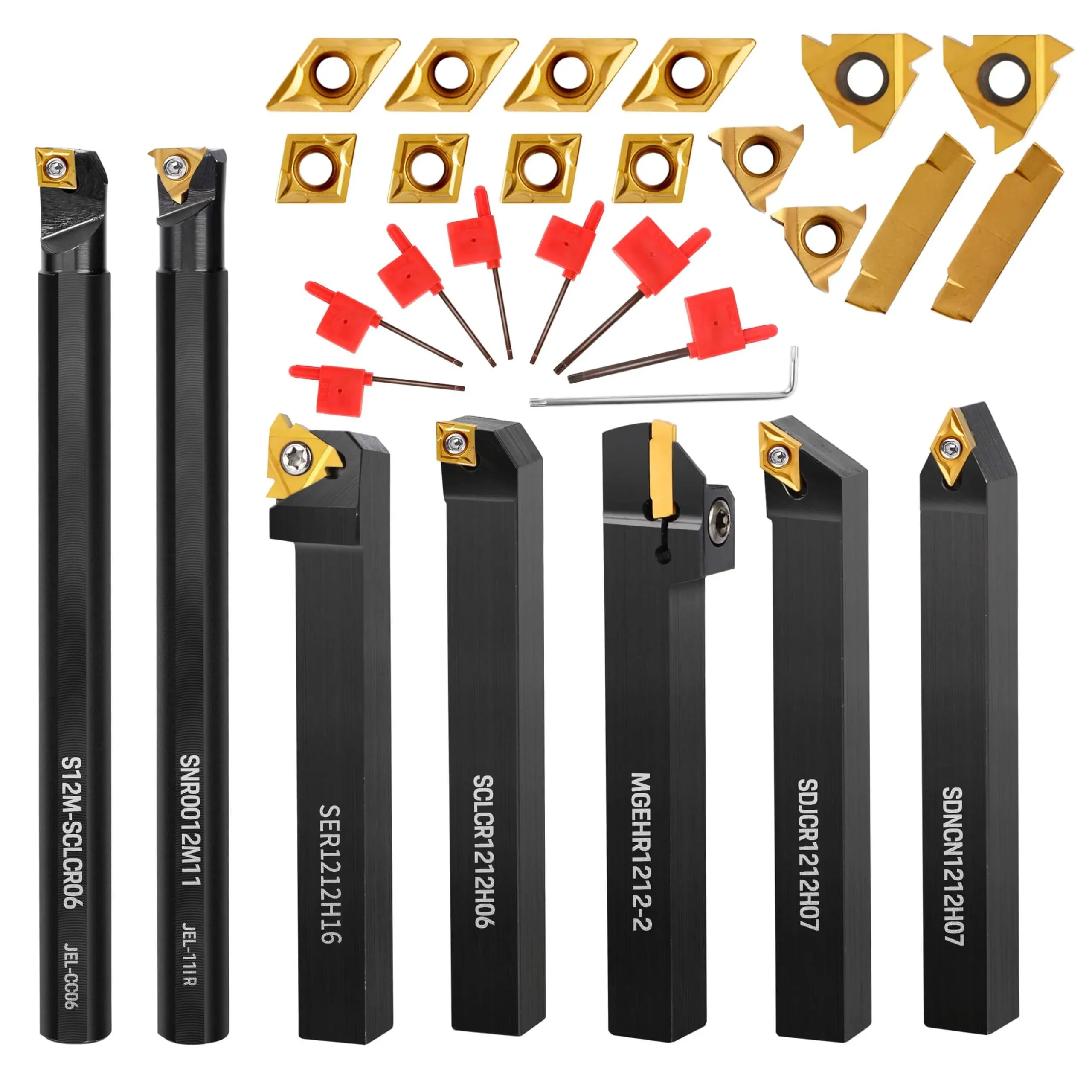 Indexable Lathe Turning Tool, 1/2'' Shank Metal Lathe Tools, 7pcs Metal Lathe Cutting Tools Carbide Turning Tool Insert Holder Set Lathe Boring Bar Set for Turning Grooving Threading with Wrenches