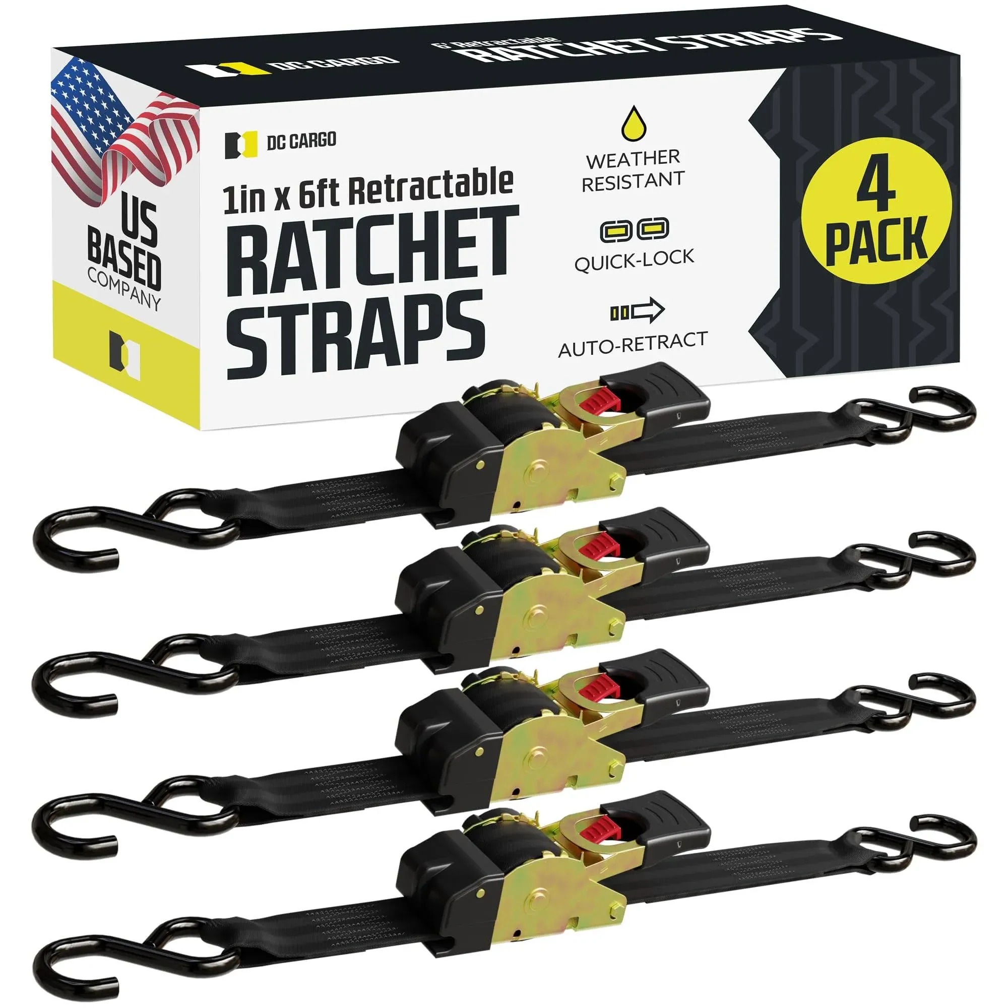 DC Cargo Mall 4 Auto Retract Ratchet Straps | 1" x 6' Retractable Self-Contained ...