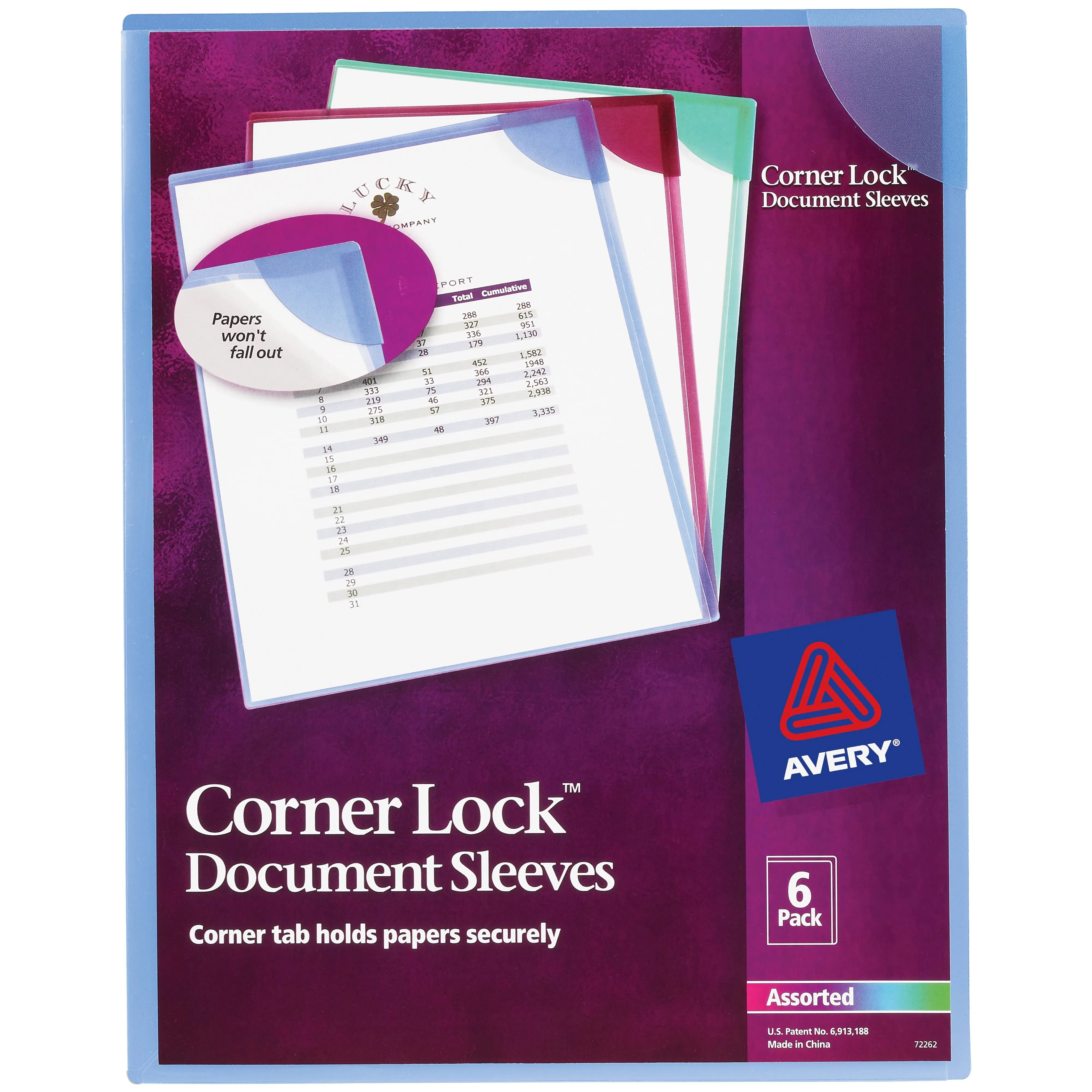 Avery Corner Lock Document Sleeves, 6 Sleeves, Assorted Colors (72262)