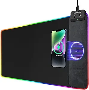 Gaming Mouse Pad, Wireless Charging Desk Mat 10W, RGB Mouse Pad with 9 LED Light Modes, 31.5"x11.8" Large Desk Mat/Keyboard Pad/Computer Mat/Laptop Pad, Non-Slip Rubber Base, Waterproof, Black