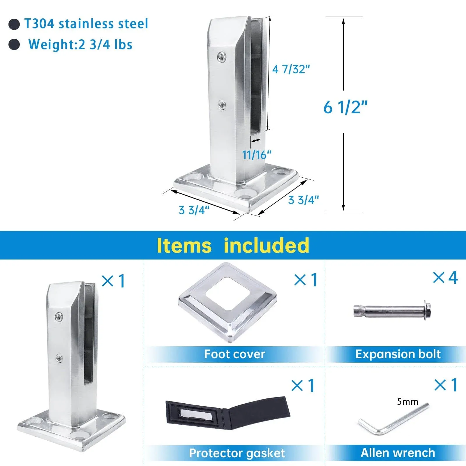 Muzata Stainless Steel Floor Glass Clamp Post Glass Railing 1