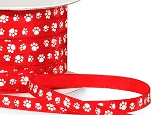 Single Faced Satin Paw Print Ribbon 1/4" Red with White Paw Print - 50 Yard Roll