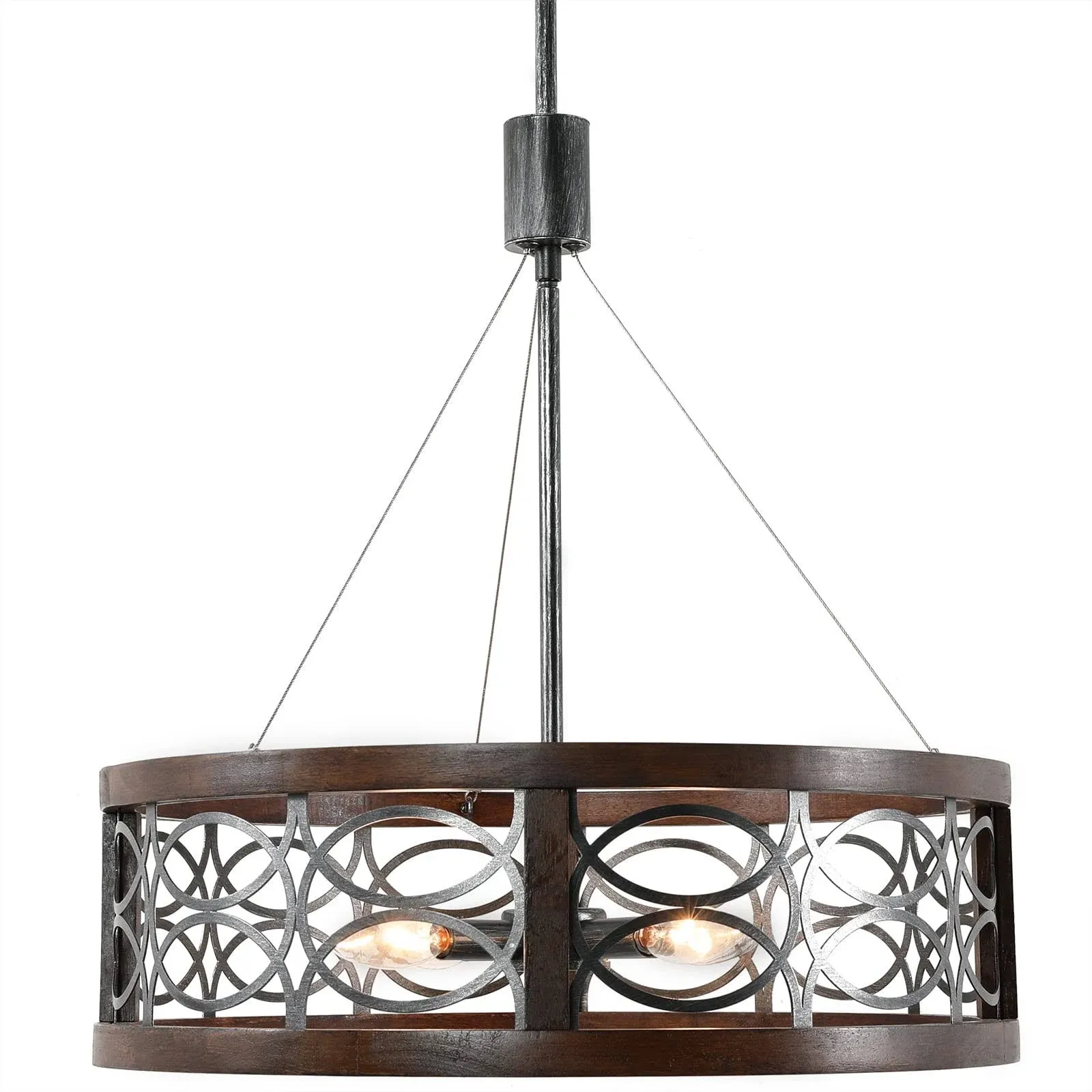 20" Large Drum Farmhouse Chandeliers for Dining Room, Brown Wood Black Metal Round Kitchen Light Fixtures, 4-Light Rustic Modern Vintage Bronze Pendant Light for Foyer Living Room Island Entryway