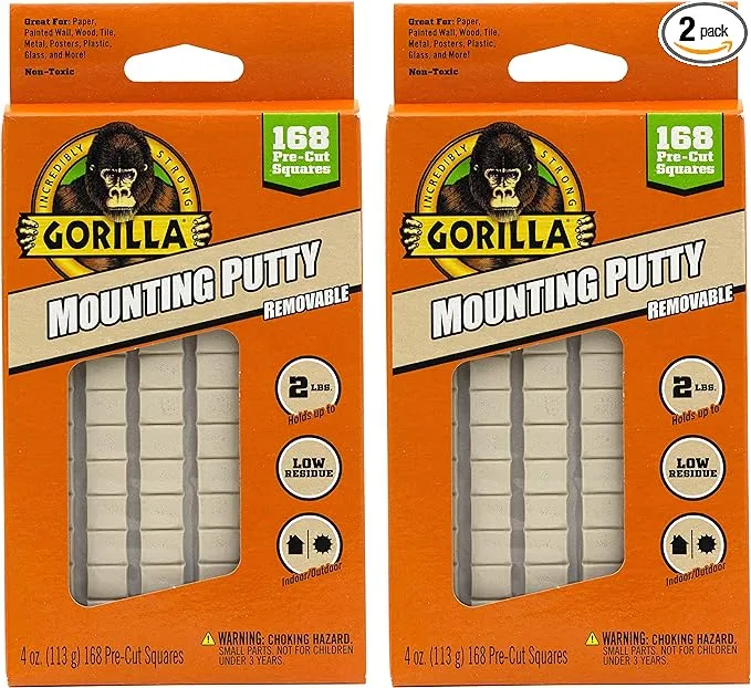 Gorilla Mounting Putty, Non-Toxic Hanging Adhesive, Removeable & Repositionable, 168 Pre-Cut Squares, 2pk - 4oz/113g, Natural Tan Color, (Pack of 2)