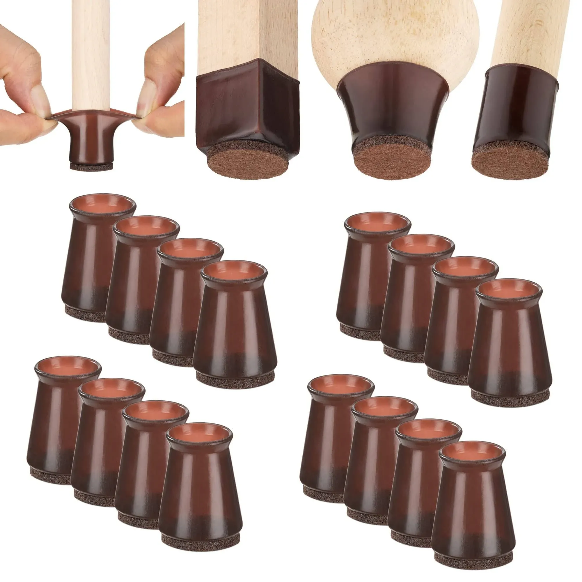 Chair Leg Floor Protectors - 1&#034; X 16 Pcs Dark Walnut - Felt Bottom Silicone Pads