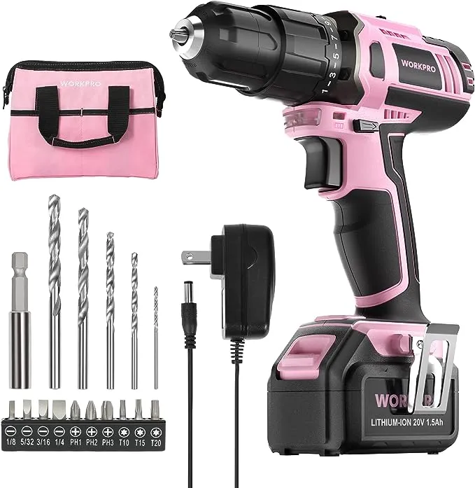 WORKPRO Pink Cordless 20V Lithium-ion Drill Driver Set, 1 Battery, Charger and Storage Bag Included - Pink Ribbon