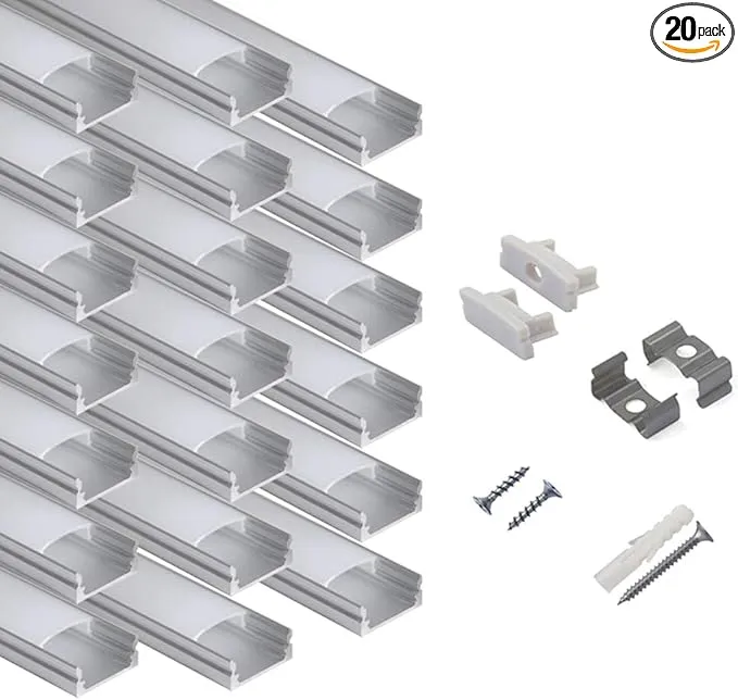 hunhun 20-Pack 3.3ft/1Meter U Shape LED Aluminum Channel System with Milky Cover, End Caps and Mounting Clips, Aluminum Profile for LED Strip Light Installations, Very Easy Installation