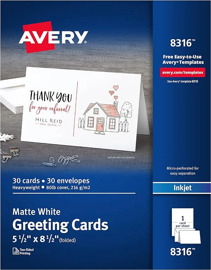 Avery Half-Fold Greeting Cards, Inkjet, 5.5 x 8.5, Matte White, Box of 30, Envelopes Included (8316)