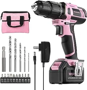 WORKPRO Pink Cordless 20V Lithium-ion Drill Driver Set, 1 Battery, Charger and Storage Bag Included - Pink Ribbon