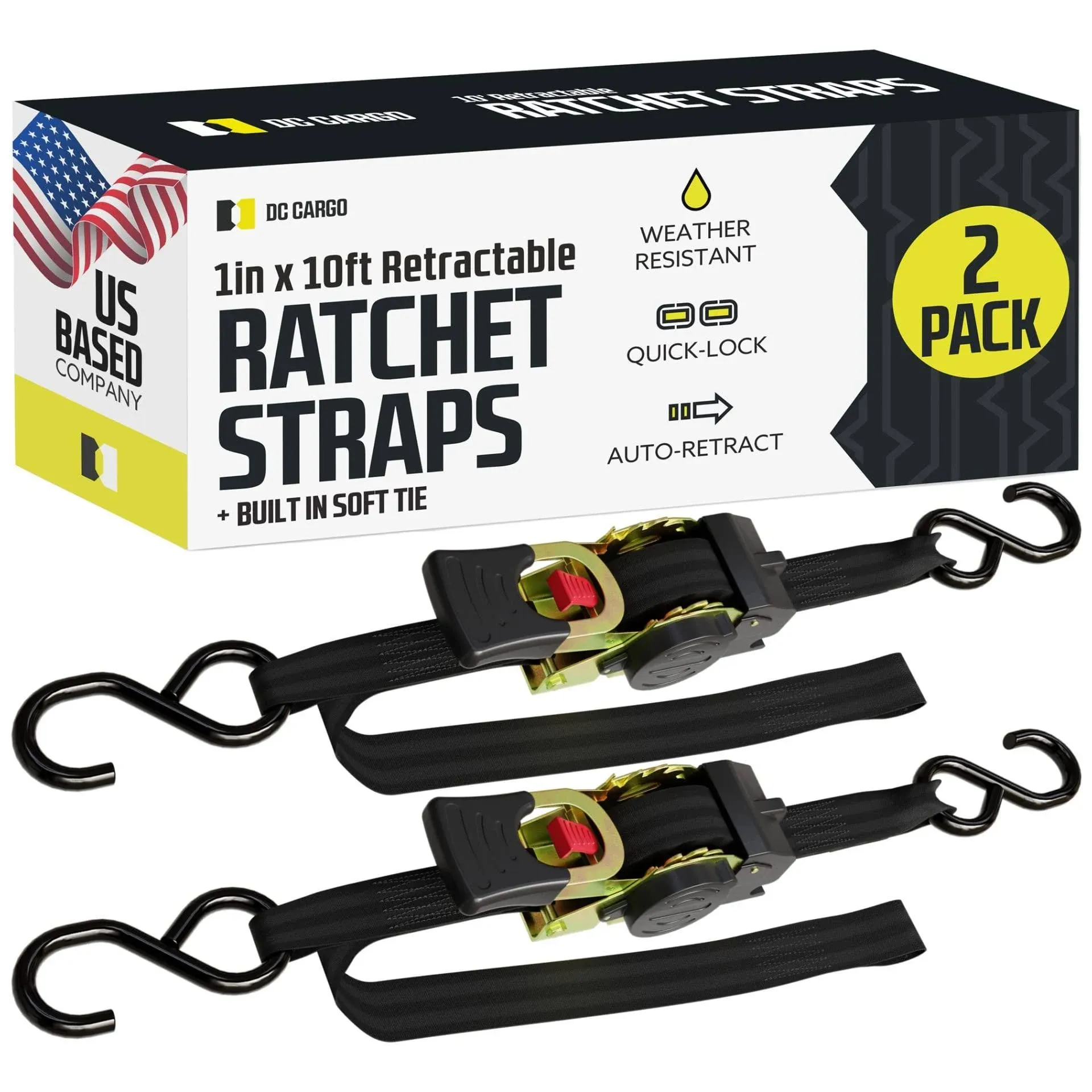 1" x 10' Retractable Ratchet Straps w/ Integrated Soft Loops 2 Pack