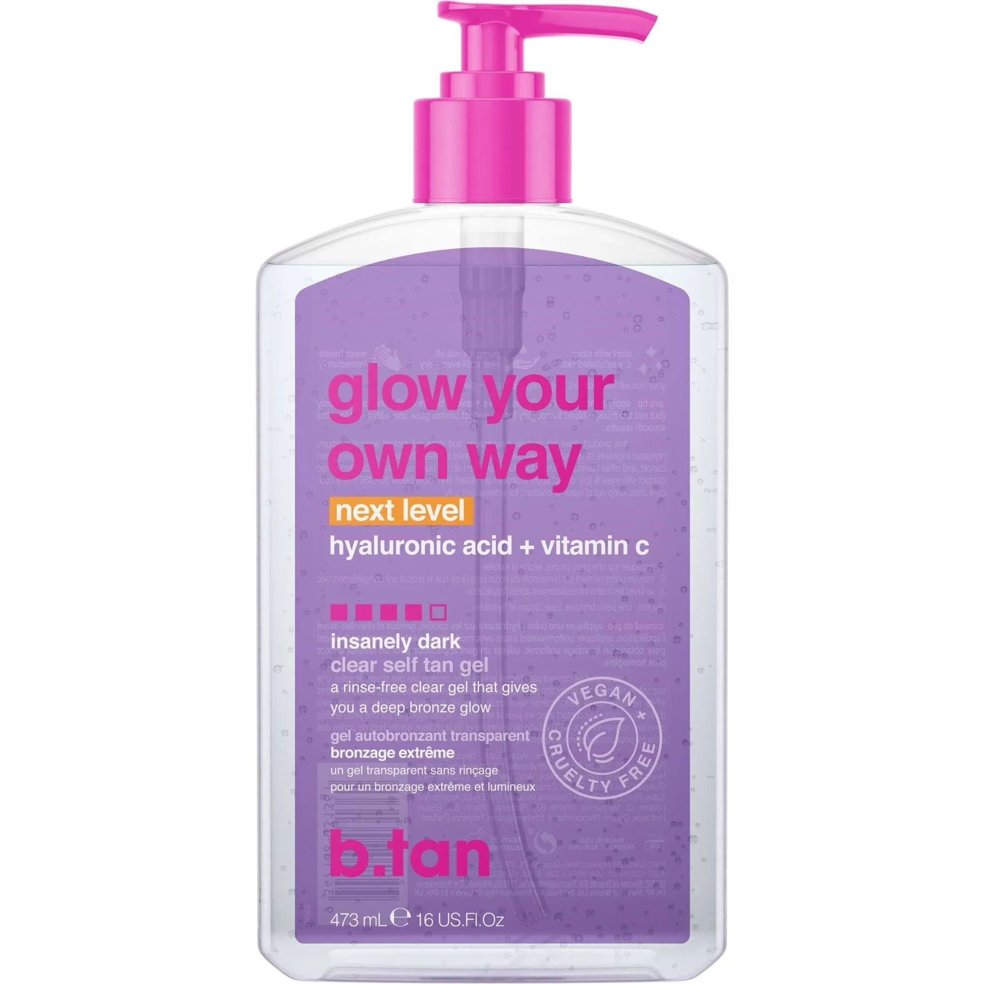 b.tan, Glow Your Own Way, Gel autobronceante transparente, Intensamente oscuro, 473 ml (16 oz. líq.)