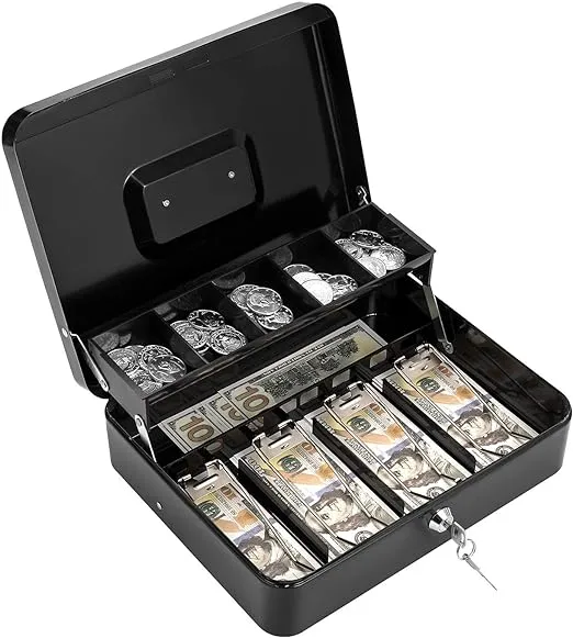 Caja de efectivo con llave de bloqueo y bandeja de dinero, caja de dinero grande para dinero en efectivo, caja de metal con cerradura para dinero, 11.8 x 9.4 x 3.54 pulgadas, color negroCaja de efectivo con llave de bloqueo y bandeja de dinero…