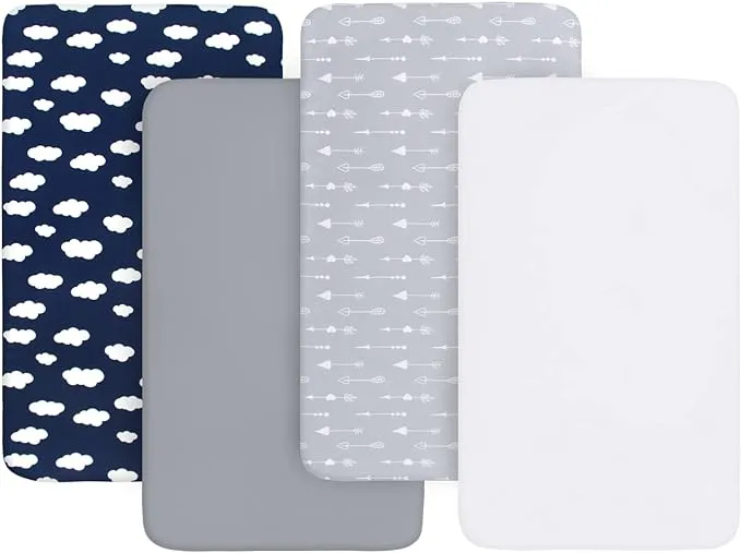 4-Pack Fitted Mini Crib Sheets for Boys and Girls - Breathable, Soft Microfiber Baby Sheets in Grey, Navy and White