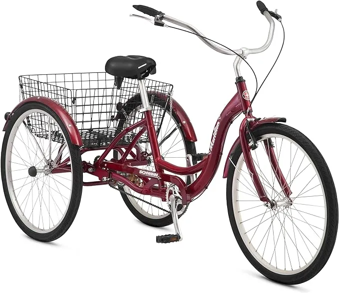 Schwinn Meridian Adult Tricycle, 26-inch wheels, rear storage basket, Cherry