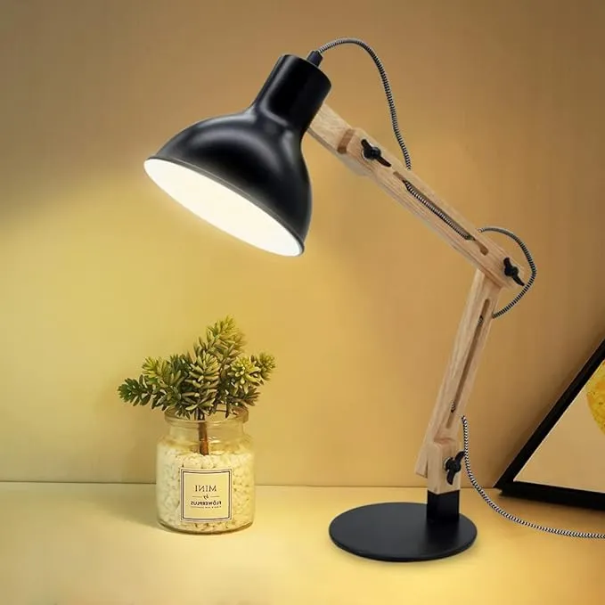 DLLT Swing Arm Desk Lamp, Wood Adjustable Gooseneck Table Lamp, Modern Architect Desk Light, Reading Light for Work, Study, Bedroom, Home Office, College Dorm, Black Metal Shade, E26 Bulb Included