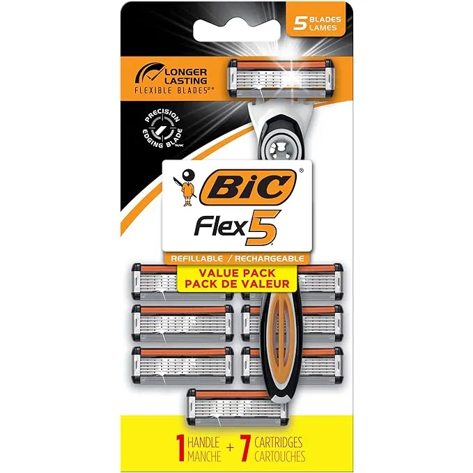 Bic Flex 5 Refillable Razors, Men's, 5-Blade, 1 Handle and 7 Cartridges, Size: 7 Each