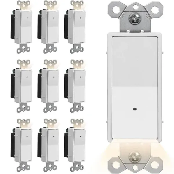 [10 Pack] CML Illuminated Guide Light Switch, Single Pole Decor Paddle Rocker Wall Switch, Dusk to Dawn Automatic On/Off Light Sensor, 15 Amp 120V Grounding Wire, White