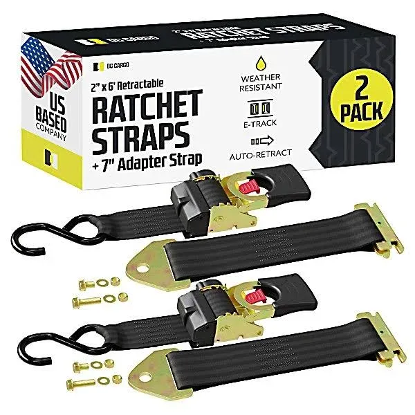 DC Cargo Bolt-On Auto-Retract Ratchet Strap with E-Track Adapter, 2"x6', 2-Pack