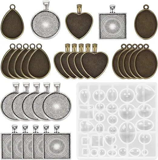 HOMEIDOL 30 Pieces 5 Styles Pendant Trays- Round & Square & Heart & Teardrop & Oval,and 1 Pcs Silicone Resin Jewelry Casting Molds for