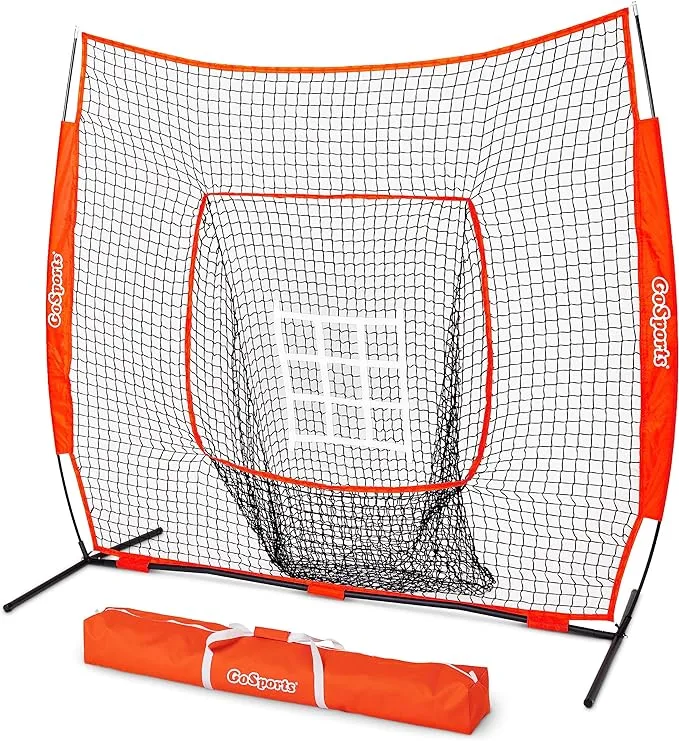 GoSports 7 ft x 7 ft Baseball & Softball Practice Hitting & Pitching Net with Bow Type Frame, Carry Bag and Strike Zone, Great for All Skill Levels