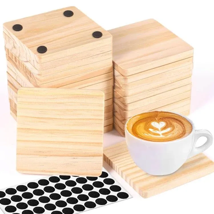 26 Pack Unfinished Wood Coasters, 4 Inch Square Blank Wooden Coasters Crafts Coasters with Non-Slip Silicon Dots for DIY Architectural Models Drawing Painting Wood Engraving