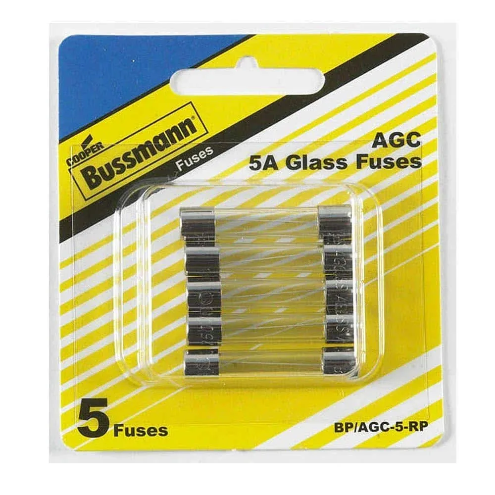 Bussmann BP/AGC-5 5 Amp Fast Acting Glass Tube Fuse, 250V UL Listed Carded, 5-Pack