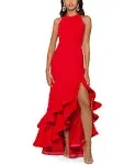 Betsy & Adam Ruffle Halter Crepe Gown