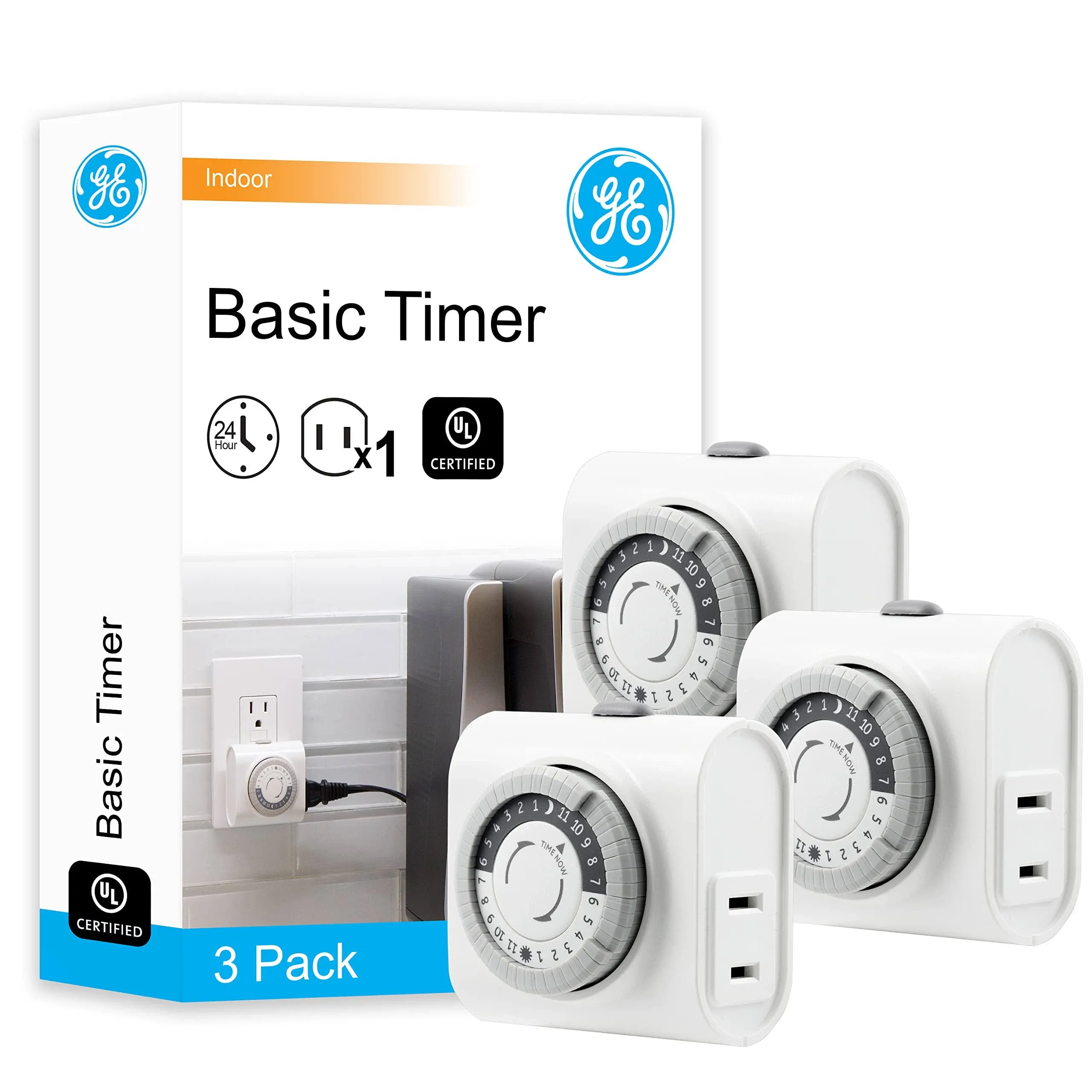 GE 3 Pack 24-Hour Indoor Basic Timer, 1 Polarized Outlet, Plug-in, Daily On/Off Cycle, 30 Minute Interval, for Lamps, Seasonal Appliances, and Portabl